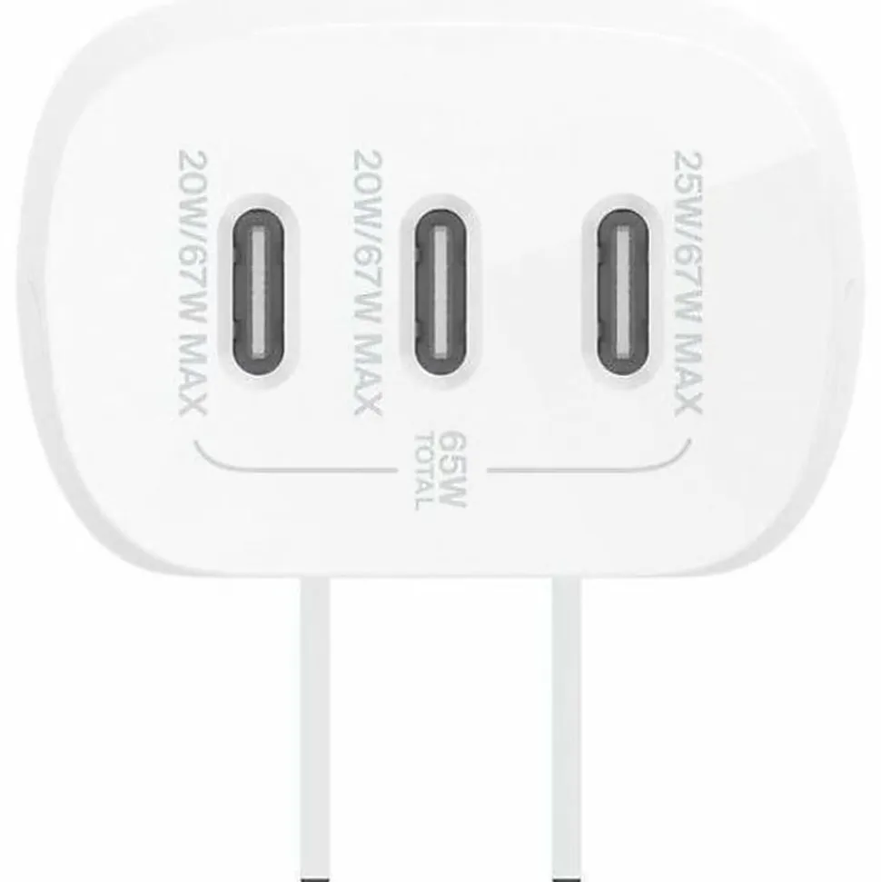 Belkin 67W Portable 3-Port USB-C Wall Charger - 3xUSB-C (67W Total) - Fast Charging - Power Adapter - White - 67 W - White