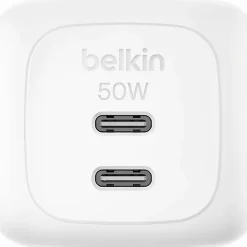 Belkin 50W Portable 2-Port USB-C Wall Charger - 2xUSB-C - Foldable Prongs - Power Adapter - White - 50 W - White