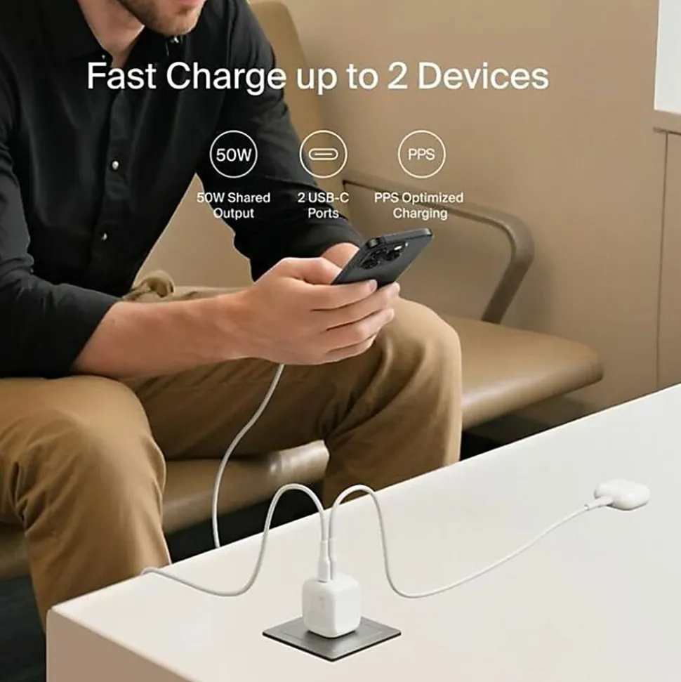 Belkin 50W Portable 2-Port USB-C Wall Charger - 2xUSB-C - Foldable Prongs - Power Adapter - White - 50 W - White