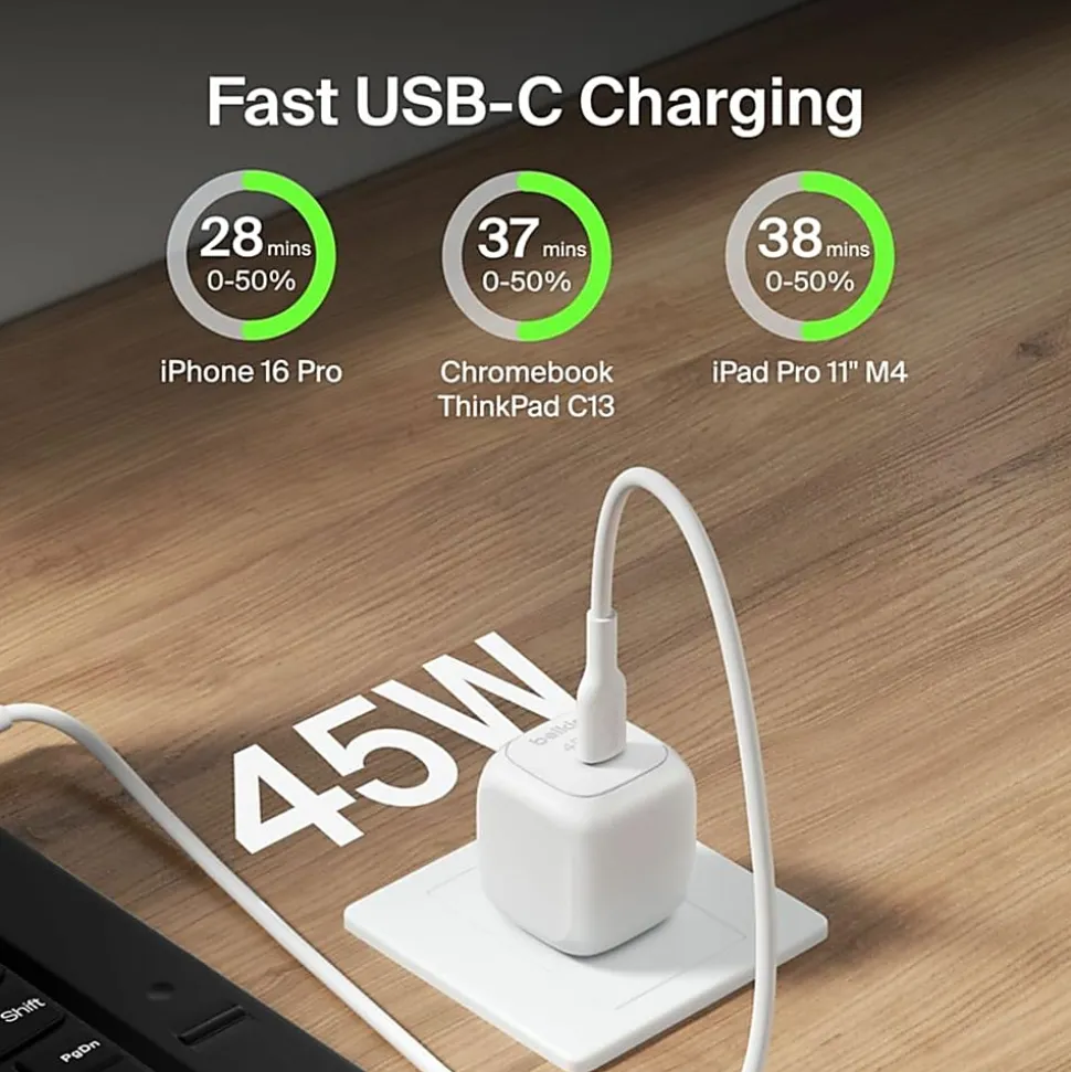 Belkin 45W Portable USB-C Wall Charger - 1xUSB-C (45W) - Fast Charge - Power Adapter - White - 45 W - White