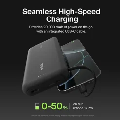 Belkin 30W 2-port Power Bank w/ Integrated USB-C Cable, 20K mAh, 1xUSB-A, 1xUSB-C, Portable Charger, Black, BPB024FQBK
