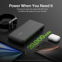 Belkin 30W 2-port Power Bank w/ Integrated USB-C Cable, 20K mAh, 1xUSB-A, 1xUSB-C, Portable Charger, Black, BPB024FQBK