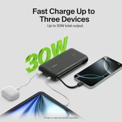 Belkin 30W 2-port Power Bank w/ Integrated USB-C Cable, 20K mAh, 1xUSB-A, 1xUSB-C, Portable Charger, Black, BPB024FQBK