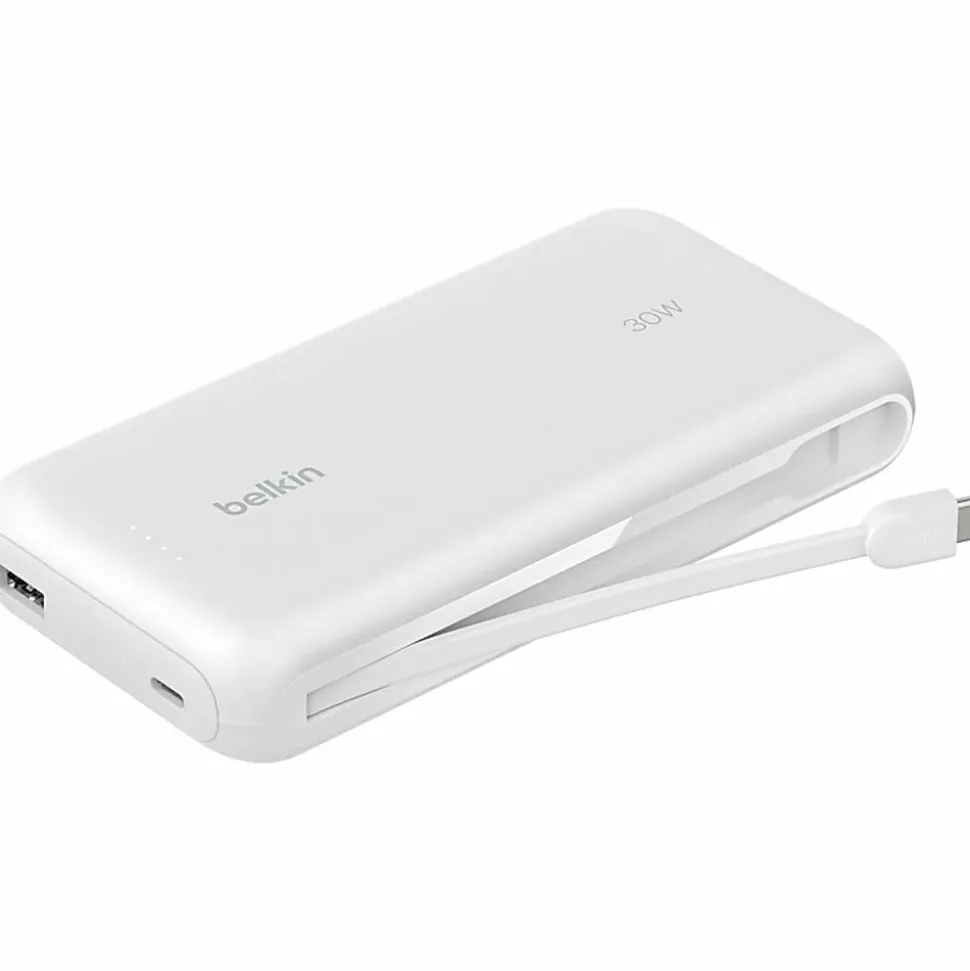 Belkin 30W 2-port Power Bank w/ Integrated USB-C Cable, 20K mAh, 1xUSB-A, 1xUSB-C, Portable Charger, White, BPB024FQWH