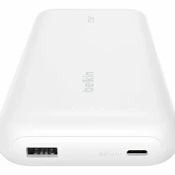 Belkin 30W 2-port Power Bank w/ Integrated USB-C Cable, 20K mAh, 1xUSB-A, 1xUSB-C, Portable Charger, White, BPB024FQWH
