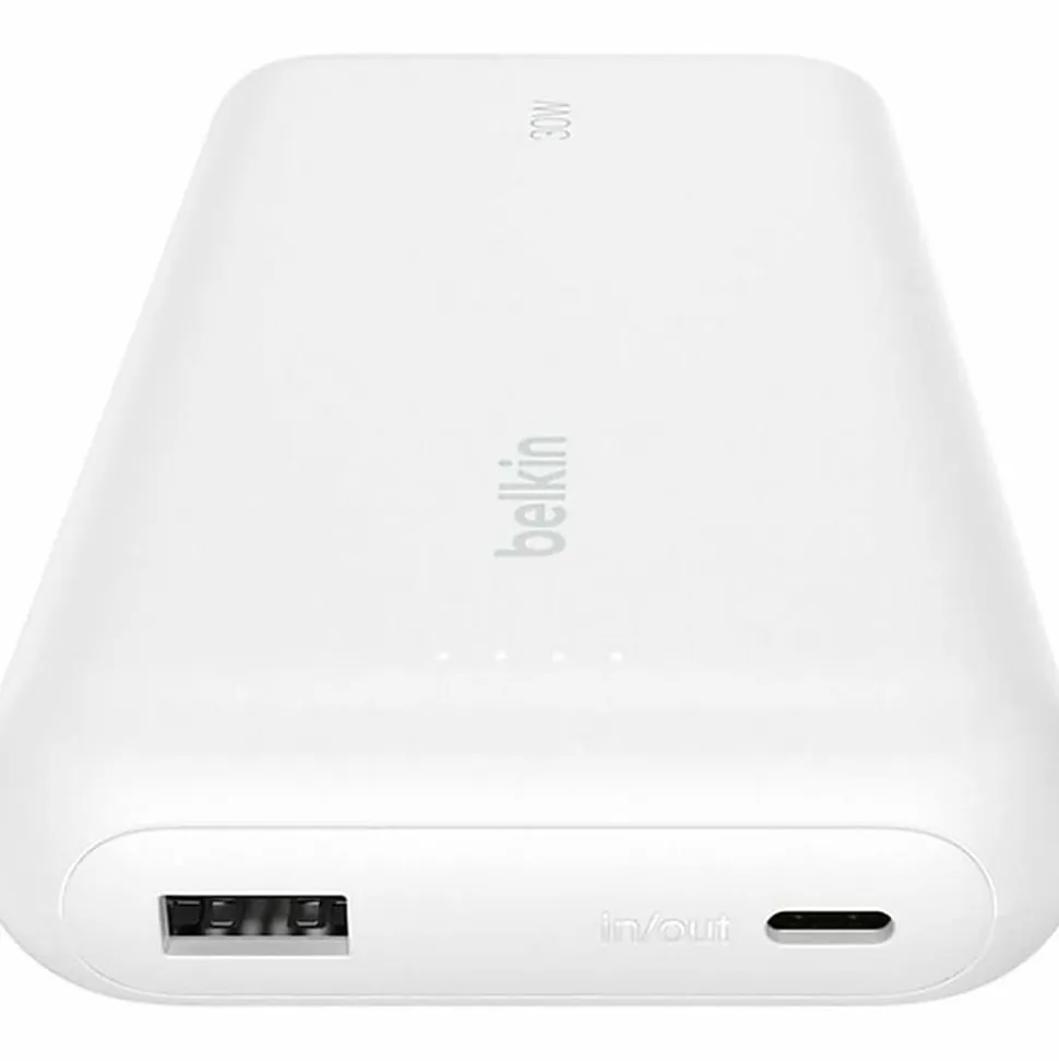 Belkin 30W 2-port Power Bank w/ Integrated USB-C Cable, 20K mAh, 1xUSB-A, 1xUSB-C, Portable Charger, White, BPB024FQWH