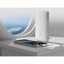 Belkin 30W 2-port Power Bank w/ Integrated USB-C Cable, 20K mAh, 1xUSB-A, 1xUSB-C, Portable Charger, White, BPB024FQWH