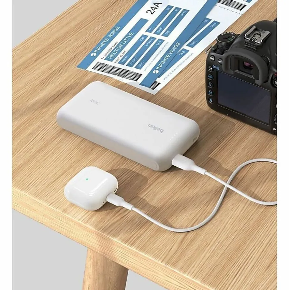 Belkin 30W 2-port Power Bank w/ Integrated USB-C Cable, 20K mAh, 1xUSB-A, 1xUSB-C, Portable Charger, White, BPB024FQWH