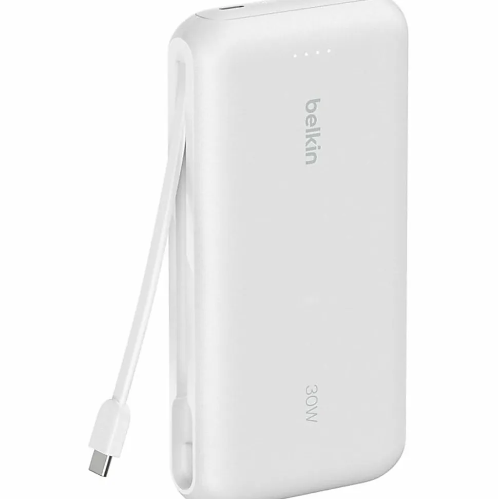 Belkin 30W 2-port Power Bank w/ Integrated USB-C Cable, 20K mAh, 1xUSB-A, 1xUSB-C, Portable Charger, White, BPB024FQWH