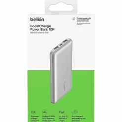 Belkin 15W 3-port USB Power Bank - 10K mAh - 2xUSB-A (12W), 1xUSB-C (15W) - Portable Charger - w/ USB-A to USB-C Cable - Silver -  - BPB011BTSL