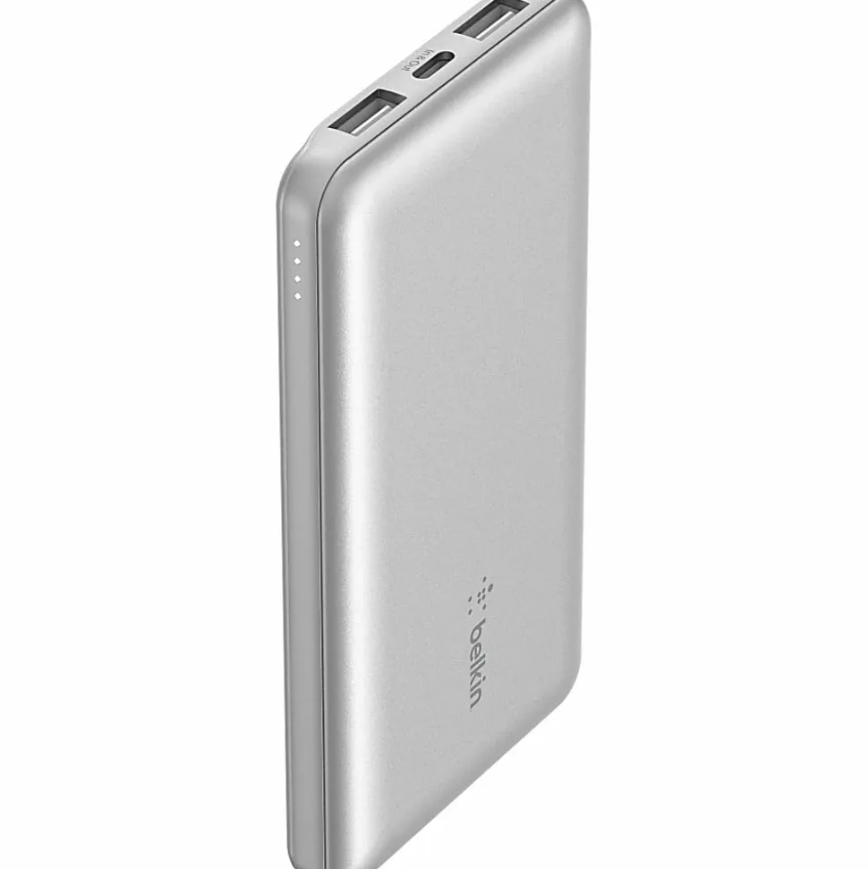 Belkin 15W 3-port USB Power Bank - 10K mAh - 2xUSB-A (12W), 1xUSB-C (15W) - Portable Charger - w/ USB-A to USB-C Cable - Silver - - BPB011BTSL