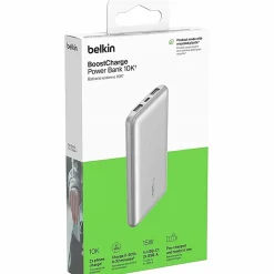 Belkin 15W 3-port USB Power Bank - 10K mAh - 2xUSB-A (12W), 1xUSB-C (15W) - Portable Charger - w/ USB-A to USB-C Cable - Silver - - BPB011BTSL