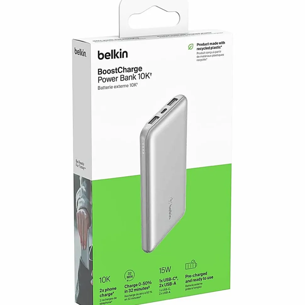 Belkin 15W 3-port USB Power Bank - 10K mAh - 2xUSB-A (12W), 1xUSB-C (15W) - Portable Charger - w/ USB-A to USB-C Cable - Silver - - BPB011BTSL