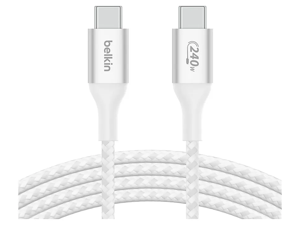 Belkin 240W USB-C to USB-C Cable - 480 Mbps - Nylon, Braided - M/M - 2m/6.6ft - White - 6.56 ft USB-C Data Transfer Cable - CAB015BT2MWH