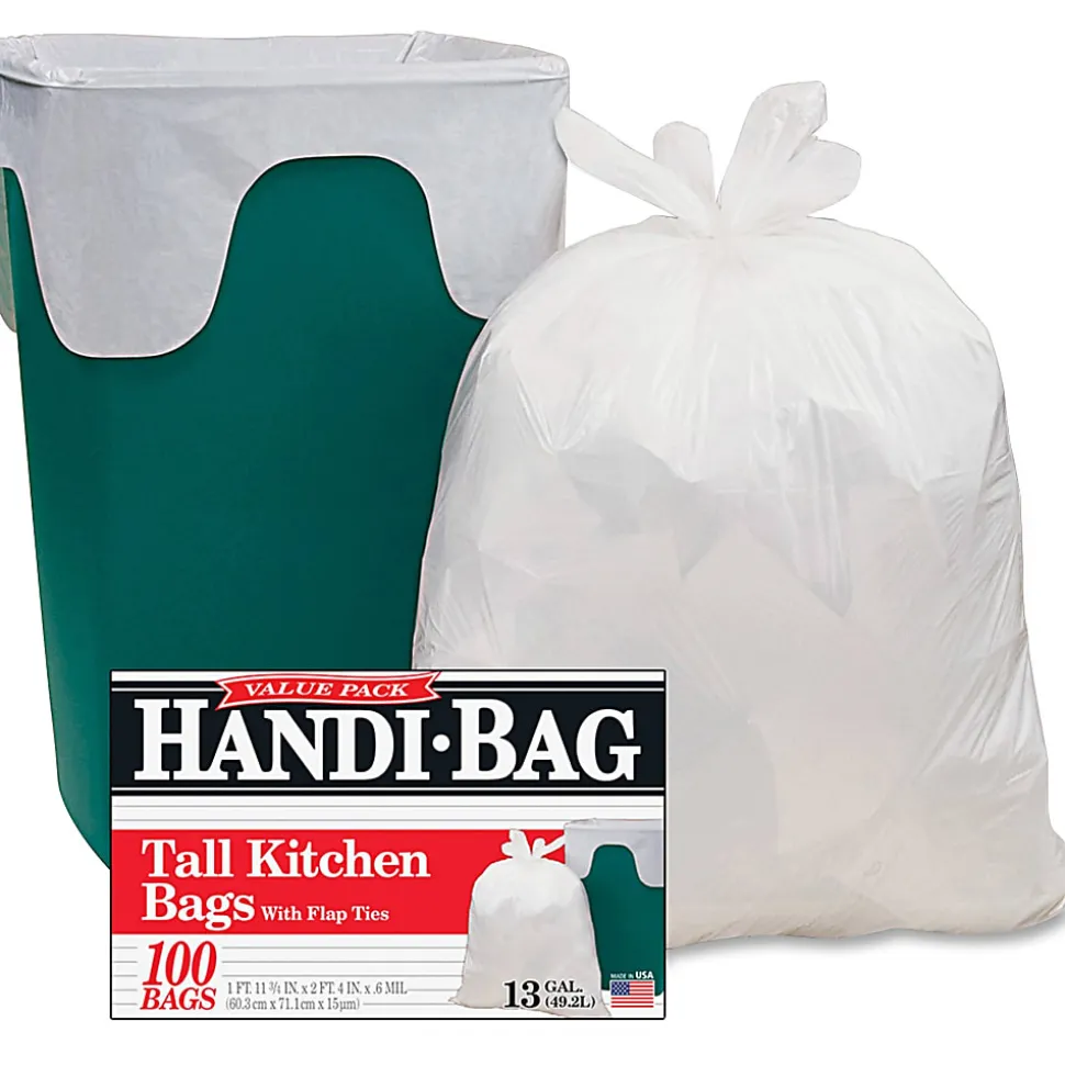 Berry Handi-Bag Flap Tie Tall Kitchen Bags, Small Size, 13 gal Capacity, 23.50"x 29", 0.60 mil (15 Micron) Thickness, 600 Count - HAB6FK100CT