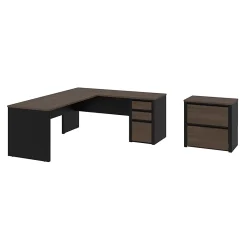 Bestar Connexion 72"W L-Shaped Corner Desk With Lateral File Cabinet, 5 Drawers, Antigua/Black