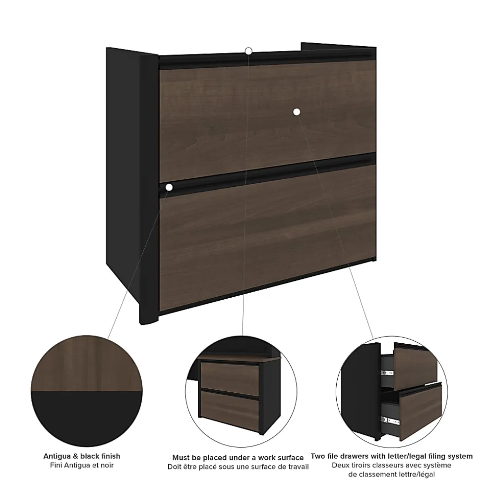 Bestar Connexion 72"W U-Shaped Executive Computer Desk With Lateral File Cabinet And Hutch, Antigua/Black