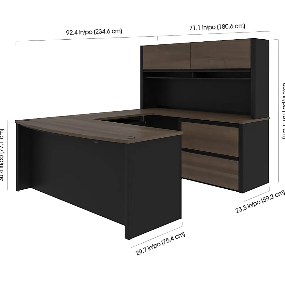 Bestar Connexion 72"W U-Shaped Executive Computer Desk With Lateral File Cabinet And Hutch, Antigua/Black