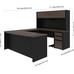 Bestar Connexion 72"W U-Shaped Executive Computer Desk With Pedestal And Hutch, Antigua/Black
