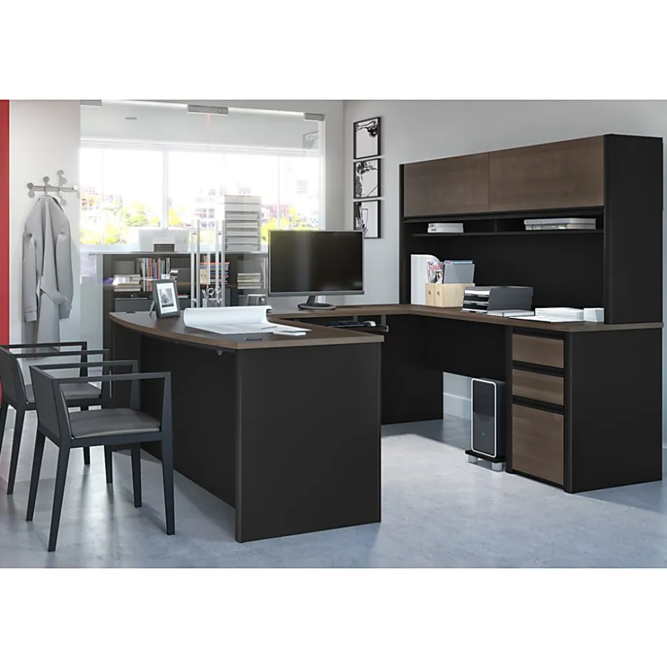 Bestar Connexion 72"W U-Shaped Executive Computer Desk With Pedestal And Hutch, Antigua/Black