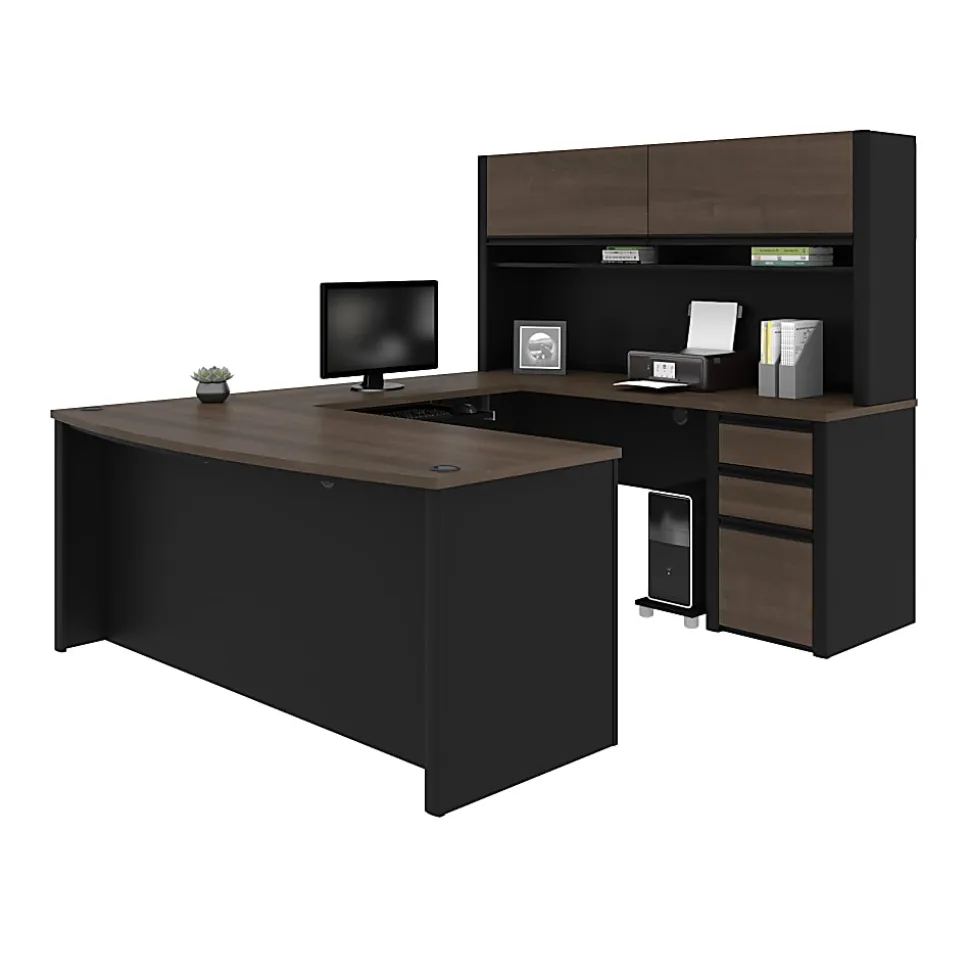 Bestar Connexion 72"W U-Shaped Executive Computer Desk With Pedestal And Hutch, Antigua/Black
