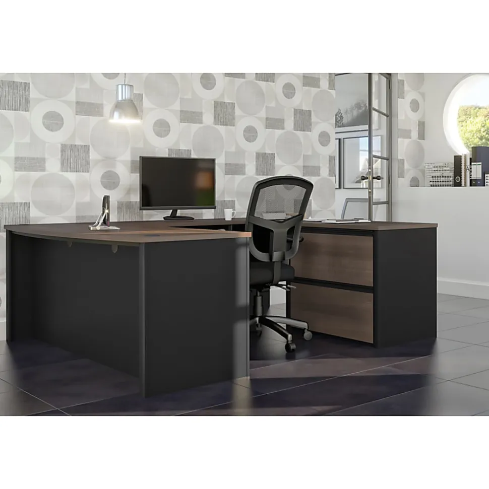 Bestar Connexion 72"W U-Shaped Executive Computer Desk With Lateral File Cabinet, Antigua/Black