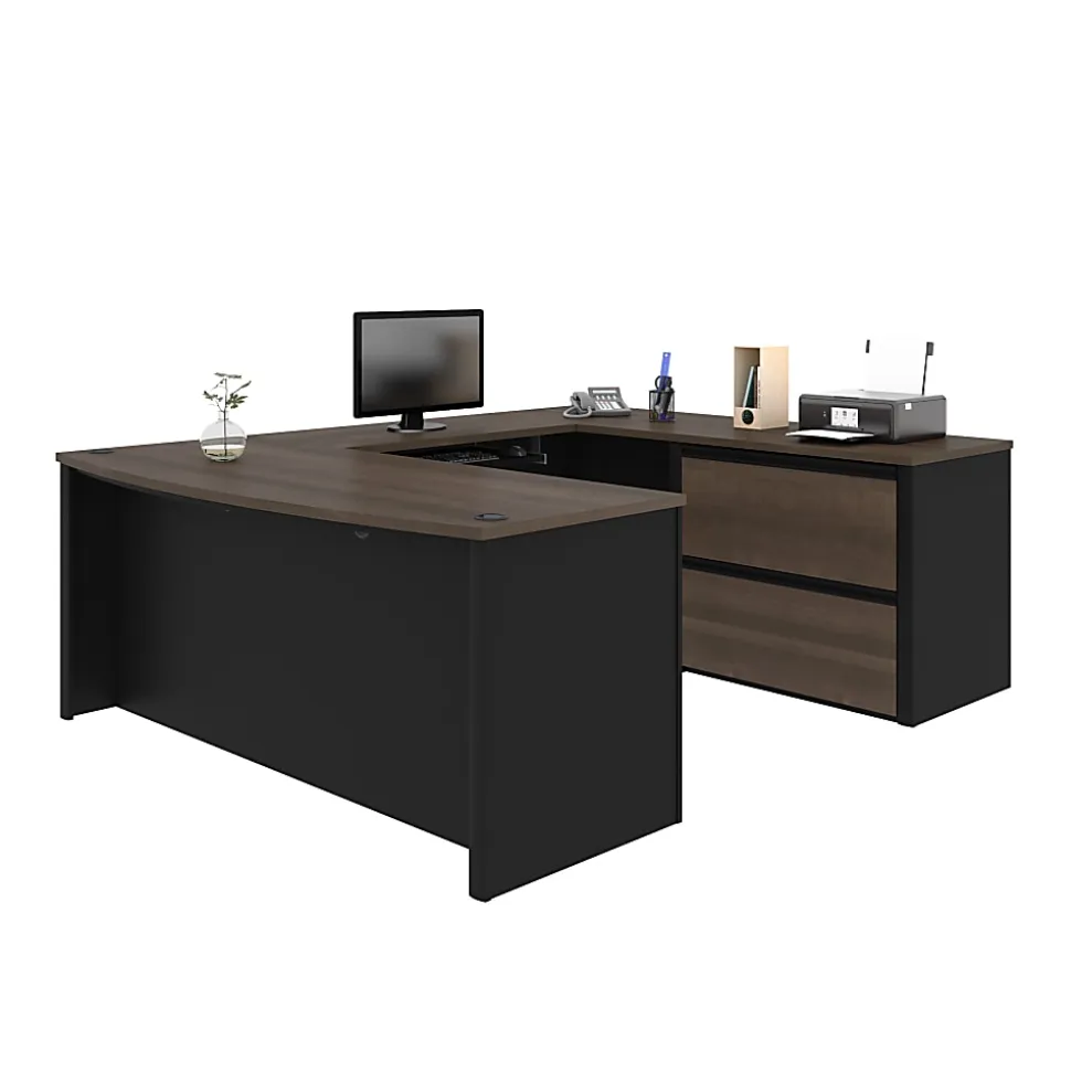 Bestar Connexion 72"W U-Shaped Executive Computer Desk With Lateral File Cabinet, Antigua/Black