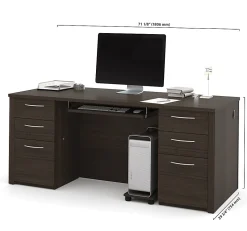 Bestar Embassy 72"W Executive Computer Desk With 2 Pedestals, Dark Chocolate