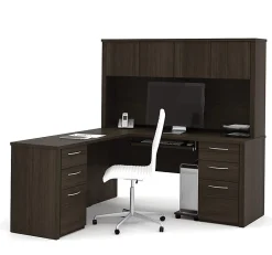 Bestar Embassy 66”W L-Shaped Corner Desk With 2 Pedestals And Hutch, Dark Chocolate