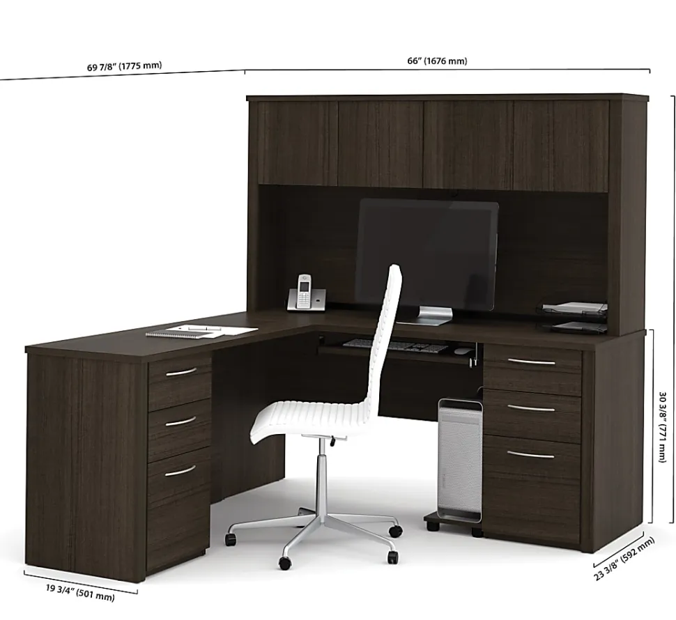 Bestar Embassy 66”W L-Shaped Corner Desk With 2 Pedestals And Hutch, Dark Chocolate