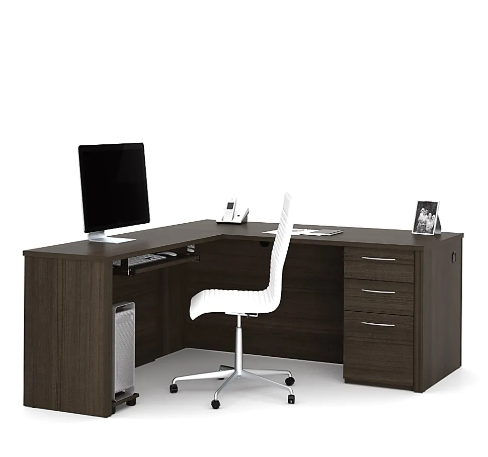 Bestar Embassy 66”W L-Shaped Corner Desk With Pedestal, Dark Chocolate