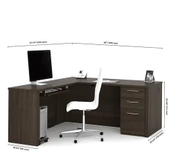 Bestar Embassy 66”W L-Shaped Corner Desk With Pedestal, Dark Chocolate
