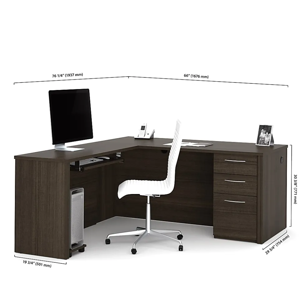 Bestar Embassy 66”W L-Shaped Corner Desk With Pedestal, Dark Chocolate
