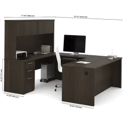 Bestar Embassy 72"W U-Shaped Executive Computer Desk With Pedestal And Hutch, Dark Chocolate