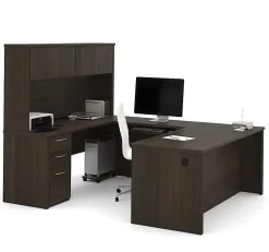 Bestar Embassy 72"W U-Shaped Executive Computer Desk With Pedestal And Hutch, Dark Chocolate