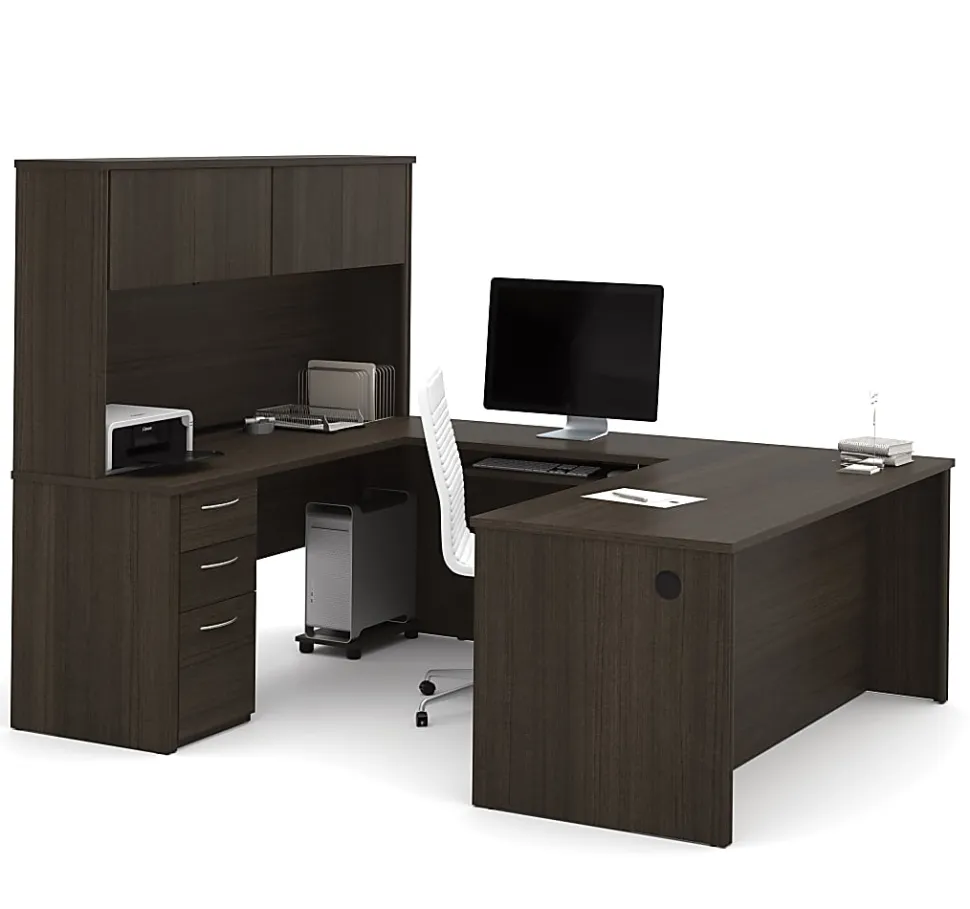 Bestar Embassy 72"W U-Shaped Executive Computer Desk With Pedestal And Hutch, Dark Chocolate
