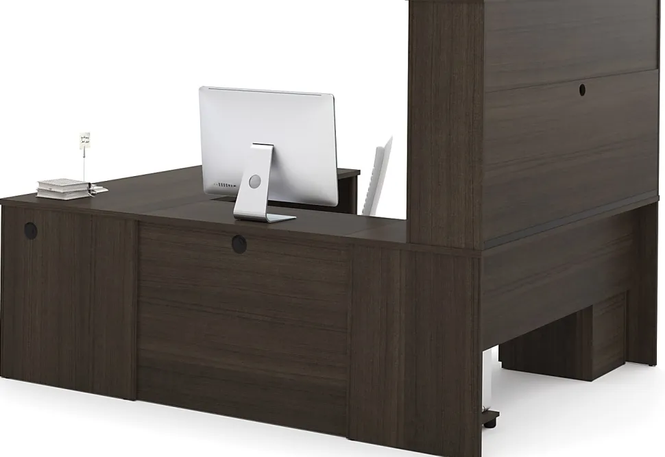Bestar Embassy 72"W U-Shaped Executive Computer Desk With Pedestal And Hutch, Dark Chocolate