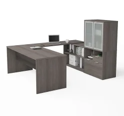 Bestar i3 Plus 72"W U-Shaped Executive Computer Desk With Frosted Glass Doors Hutch, Bark Gray
