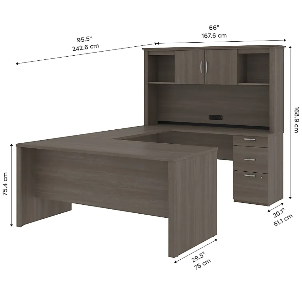 Bestar Logan U-Shaped Desk With Hutch, Lateral File Cabinet And Bookcase, Bark Gray