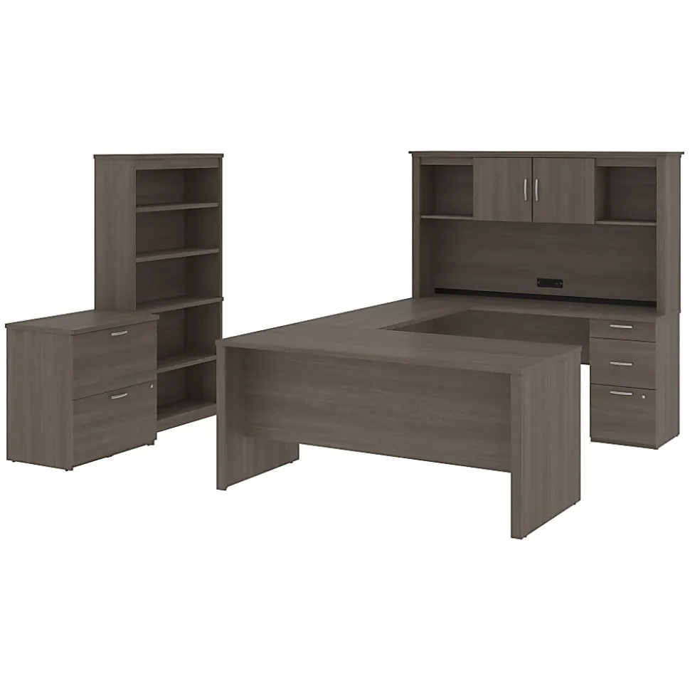 Bestar Logan U-Shaped Desk With Hutch, Lateral File Cabinet And Bookcase, Bark Gray