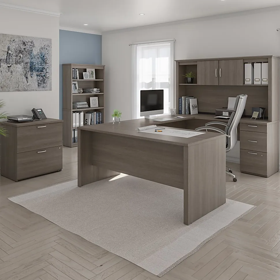 Bestar Logan U-Shaped Desk With Hutch, Lateral File Cabinet And Bookcase, Bark Gray