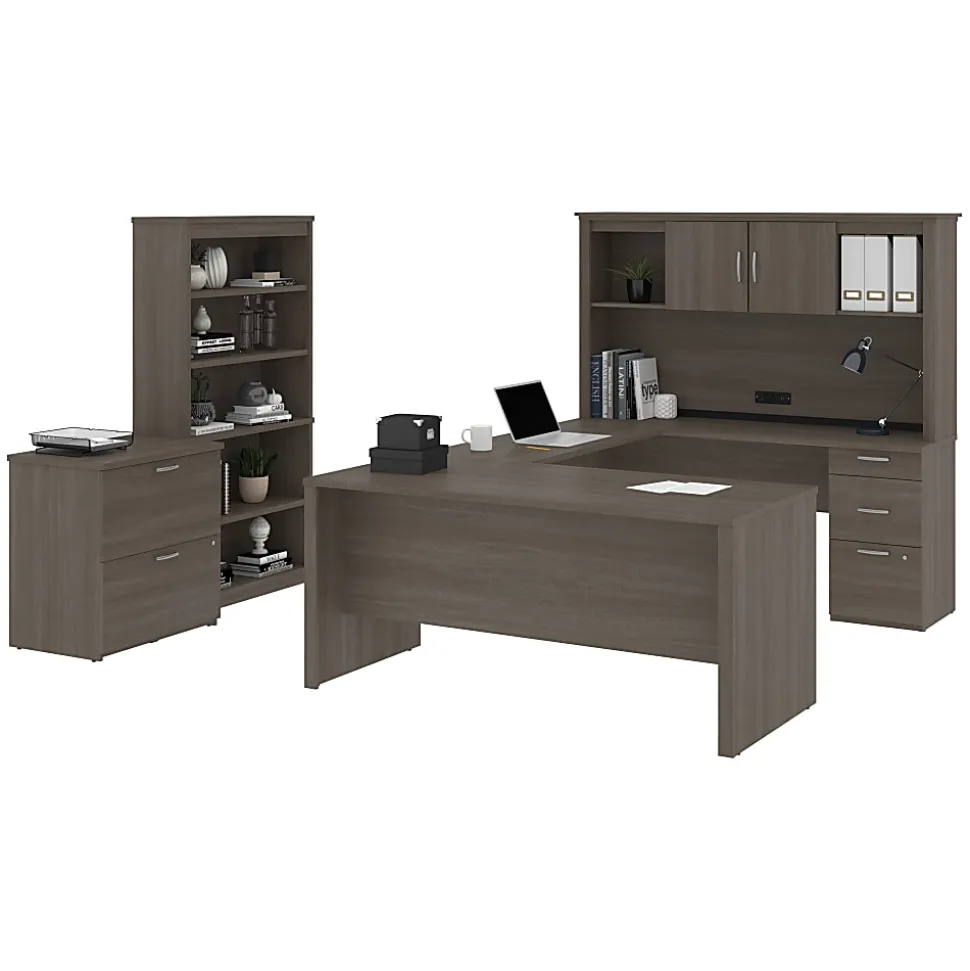 Bestar Logan U-Shaped Desk With Hutch, Lateral File Cabinet And Bookcase, Bark Gray
