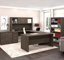Bestar Logan U-Shaped Desk With Hutch, Lateral File Cabinet And Bookcase, Antigua
