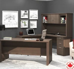 Bestar Logan 66”W U- Or L-Shaped Executive Corner Desk With Pedestal And Hutch, Antigua