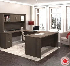 Bestar Logan 66”W U- Or L-Shaped Executive Corner Desk With Pedestal And Hutch, Antigua
