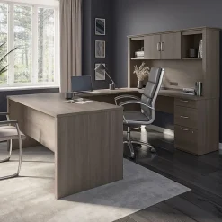 Bestar Logan 66”W U- Or L-Shaped Executive Corner Desk With Pedestal And Hutch, Bark Gray