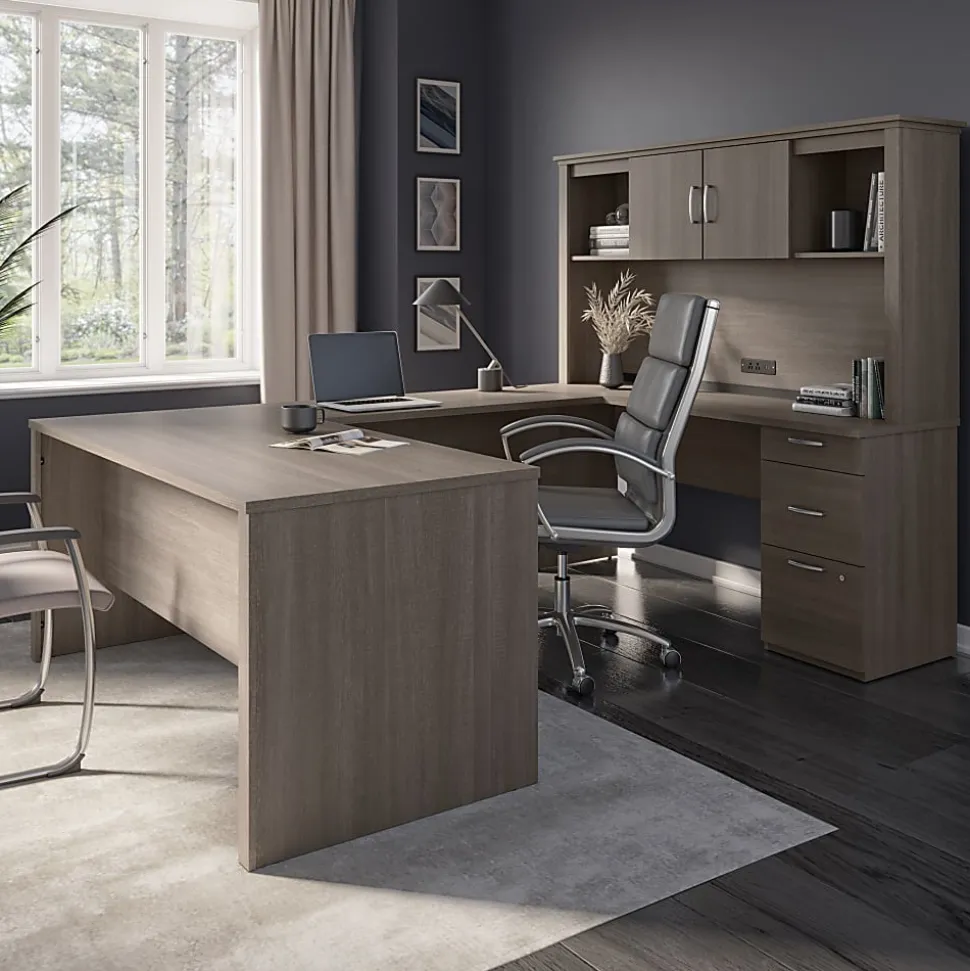 Bestar Logan 66”W U- Or L-Shaped Executive Corner Desk With Pedestal And Hutch, Bark Gray