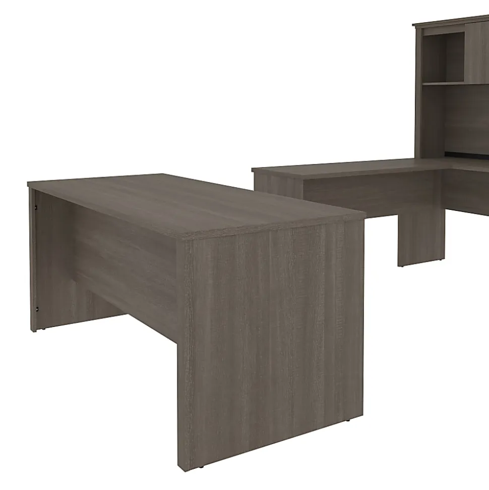 Bestar Logan 66”W U- Or L-Shaped Executive Corner Desk With Pedestal And Hutch, Bark Gray