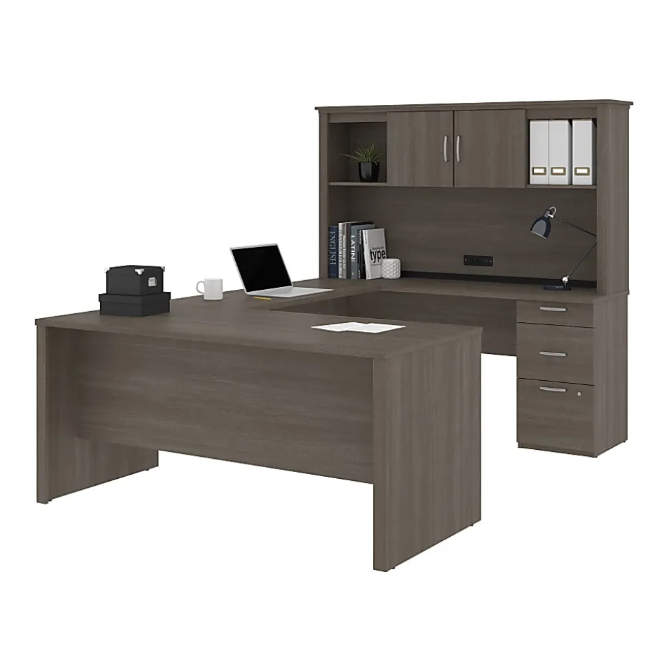 Bestar Logan 66”W U- Or L-Shaped Executive Corner Desk With Pedestal And Hutch, Bark Gray