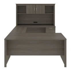 Bestar Logan 66”W U- Or L-Shaped Executive Corner Desk With Pedestal And Hutch, Bark Gray
